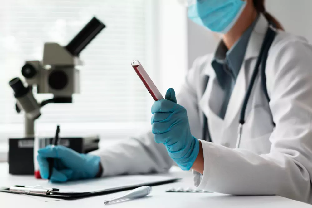 Doctor Wearing Face Mask Checking Blood Sample